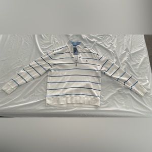 Brooks Brothers White/Blue Striped Quarter-Zip Sweater - Men’s Large